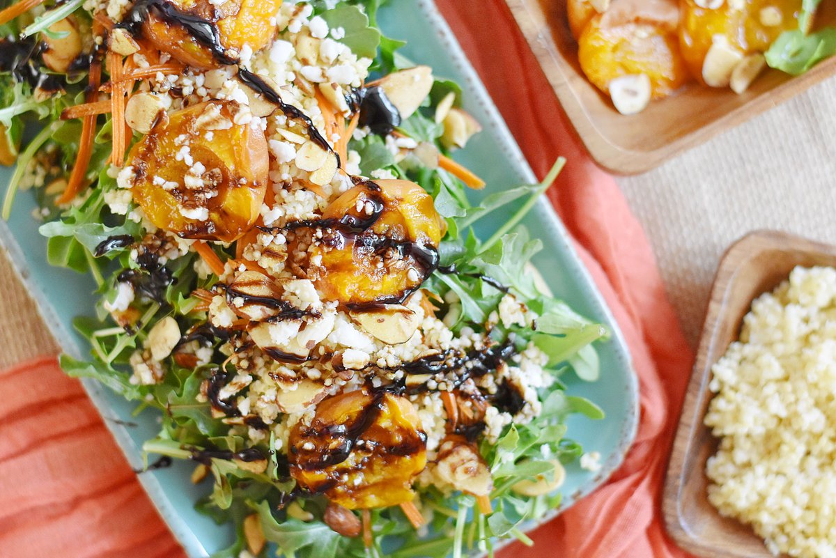 Grilled apricots give this salad a caramelized sweetness that blends perfectly with salty feta cheese and crunchy honey-roasted almonds. The corn-like flavor of millet is the cherry on top. anthonysgoods.com/blogs/recipes/…