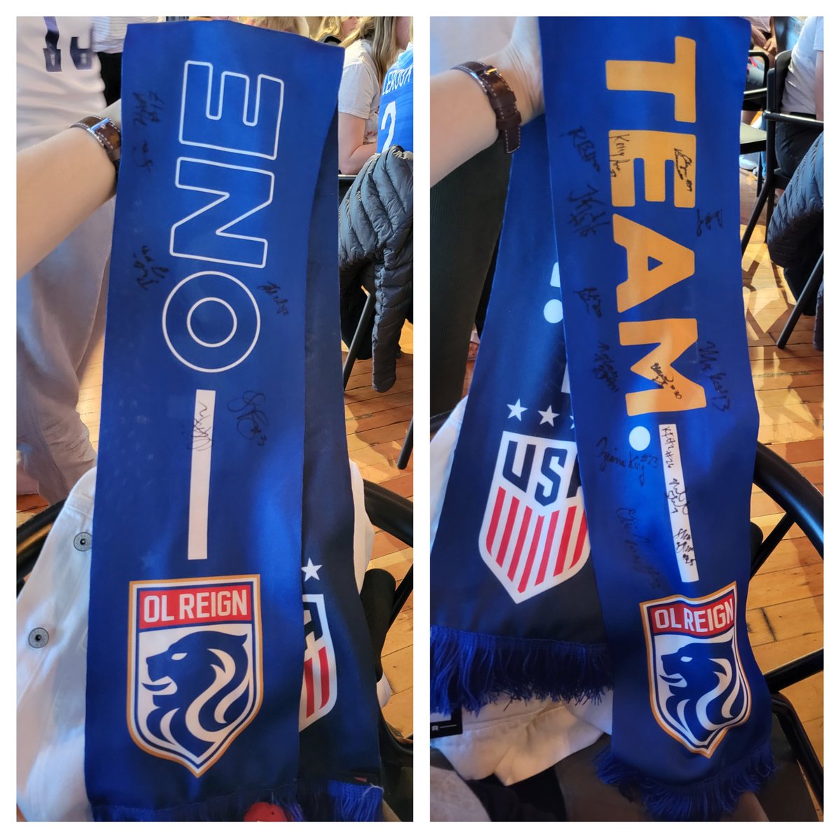 My scarf signed by OL Reign players! At Rough & Tumble cheering on #USWNT during #USANED #FIFAWWC