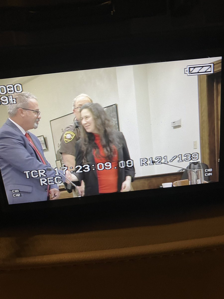 BritSchmidtNews's tweet photo. Taylor #Schabusiness and her defense attorney shake hands as the jury heads back to delineate the second phase of the murder trial. Is she legally responsible for killing Shad Thyrion? That is the question posed to the 12-member jury now https://t.co/KYoqA90rDG