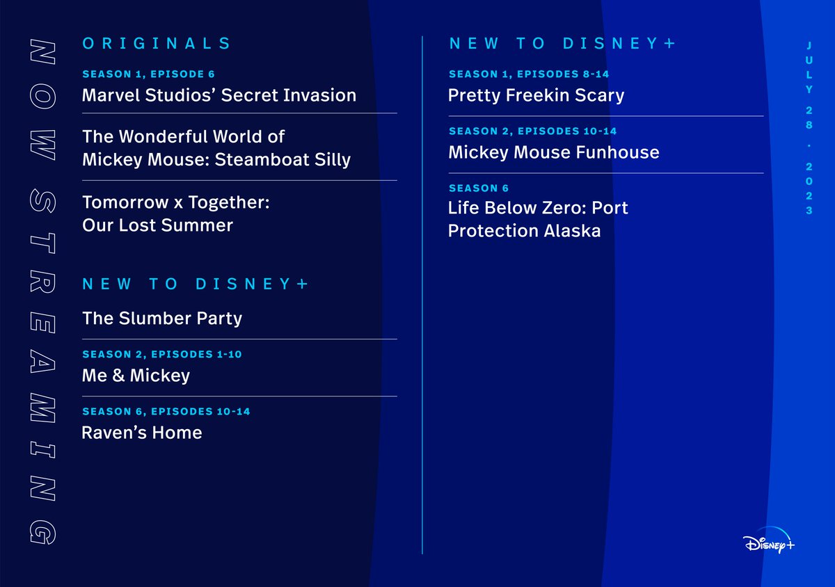 It’s going to be a wonderful weekend!

Stream The Wonderful World of Mickey Mouse: Steamboat Silly, TOMORROW X TOGETHER: OUR LOST SUMMER, and all episodes of Marvel Studios’ #SecretInvasion, plus so much more on #DisneyPlus. #NowOnDisneyPlus