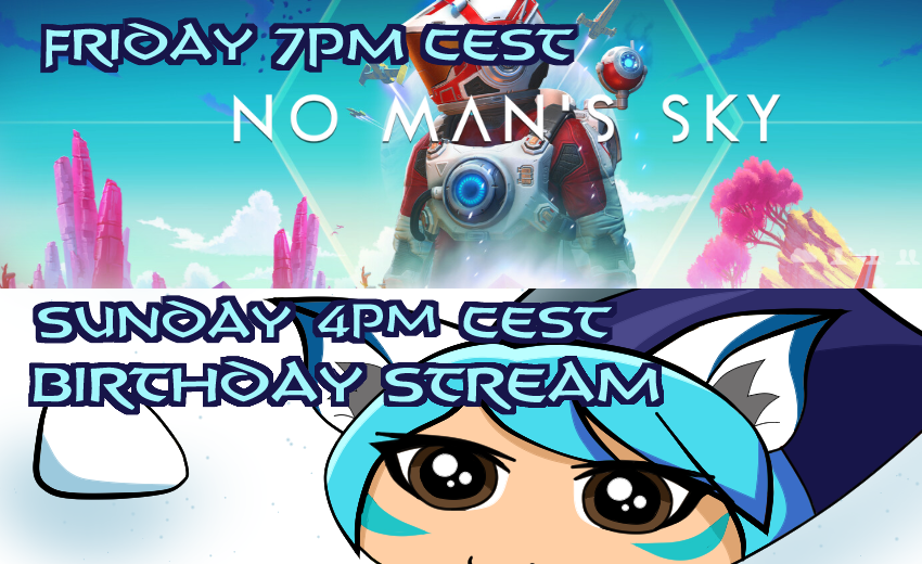 Sorry for no updates, visiting family can be really tiring.

This week's stream schedule is a bit shorter, but we're also starting a little earlier Sunday :3 I'm excited to get back online