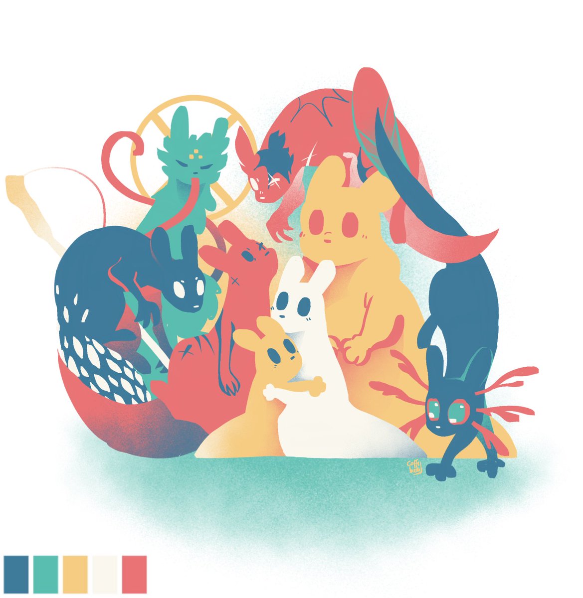 Coffibeee's tweet photo. A batch of more art for a colour pallet challenge 💛
#rainworldfanart #hollowknightfanart https://t.co/PMJmLeKtdq
