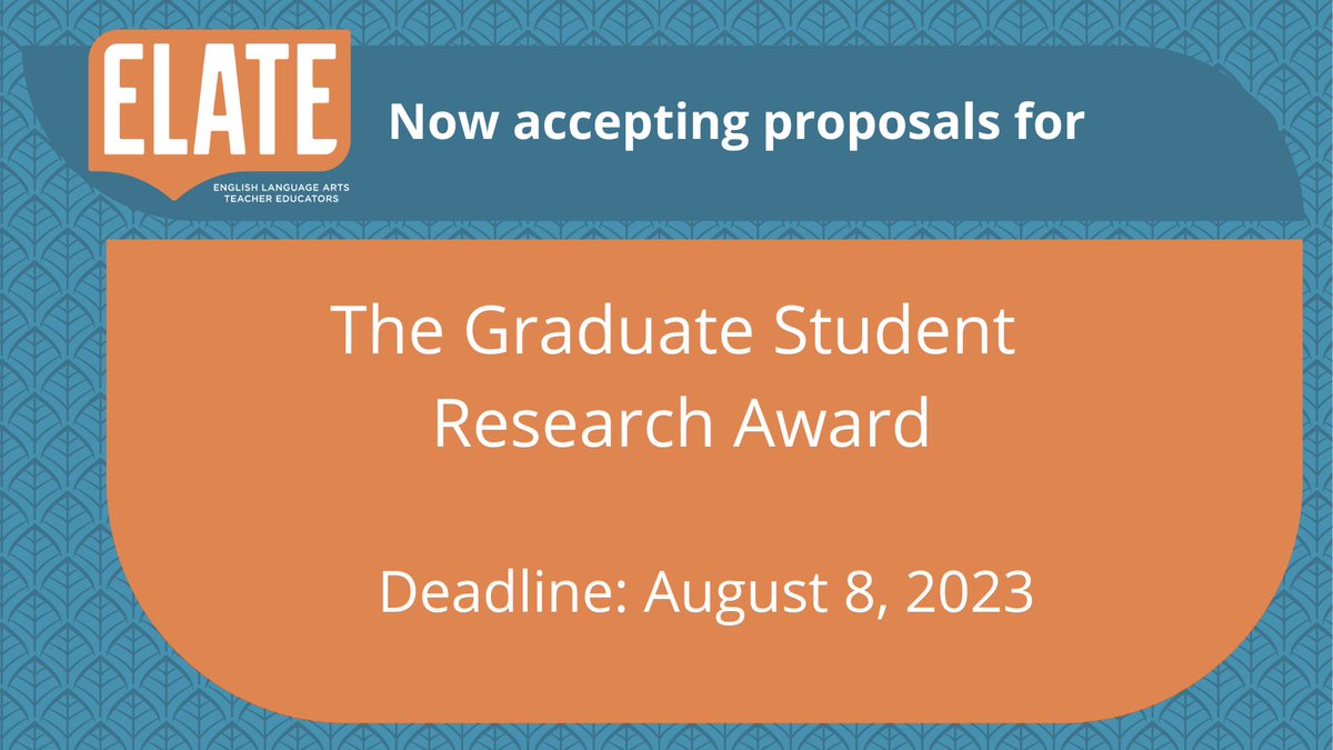 ncte_elate's tweet image. The @ncte_elate Graduate Student Research Award supports a grant of up to $2,500 for graduate student research that contributes to and extends ELATE’s efforts to examine important issues in English education. Proposal deadline: August 8, 2023. Learn more: ncte.org/awards/elate-g…