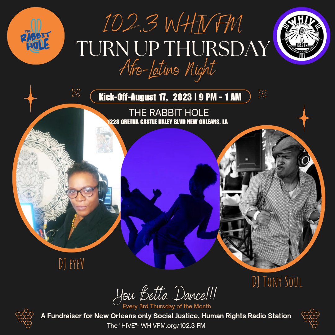 🎧 Exciting news! 

New way to Support the station!!!

WHIV is thrilled to team up with @therabbitholenola for a new monthly series - Turn Up Thursday: WHIV FM Afro/Latino Night 🔊
