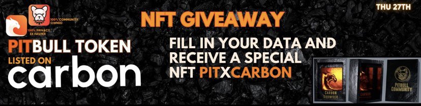 💫 Another listing with a strategic partner!

To celebrate this important milestone, we will be giving away an exclusive NFT from our custom collection;

How to participate:

➡️ Follow <a href="/trycarbonio/">Carbon Browser</a> &amp; <a href="/BscPitbull/">Pitbull Token</a>
➡️ Join t.me/carbon_browser and t.me/Pitbull_BSC
➡️ RT