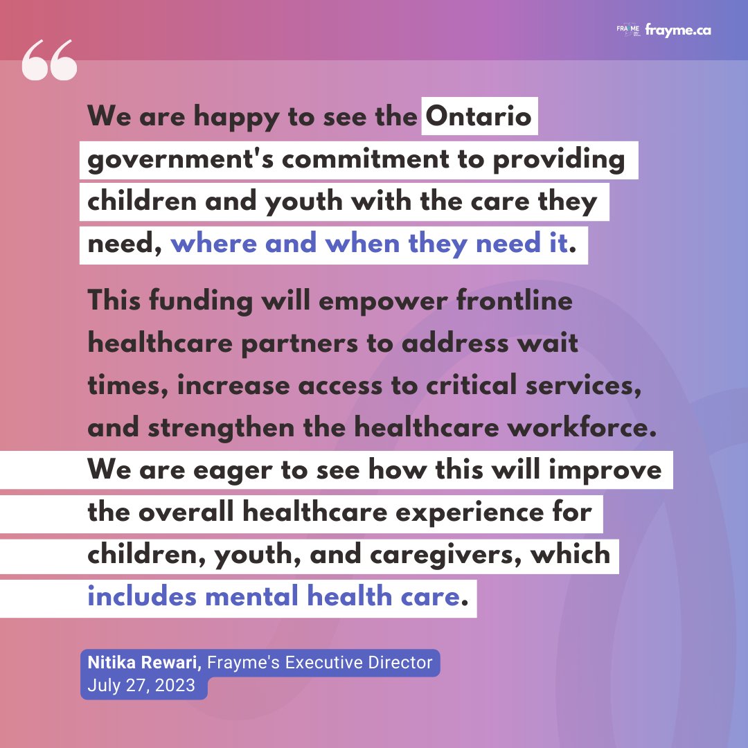 👏 Frayme applauds <a href="/ONgov/">Ontario Government</a>'s announcement to invest an additional $330 million annually in paediatric health services. The decision to expand youth wellness hubs and implement over 100 high-priority initiatives is a step towards ensuring that more young people can access... 1/4