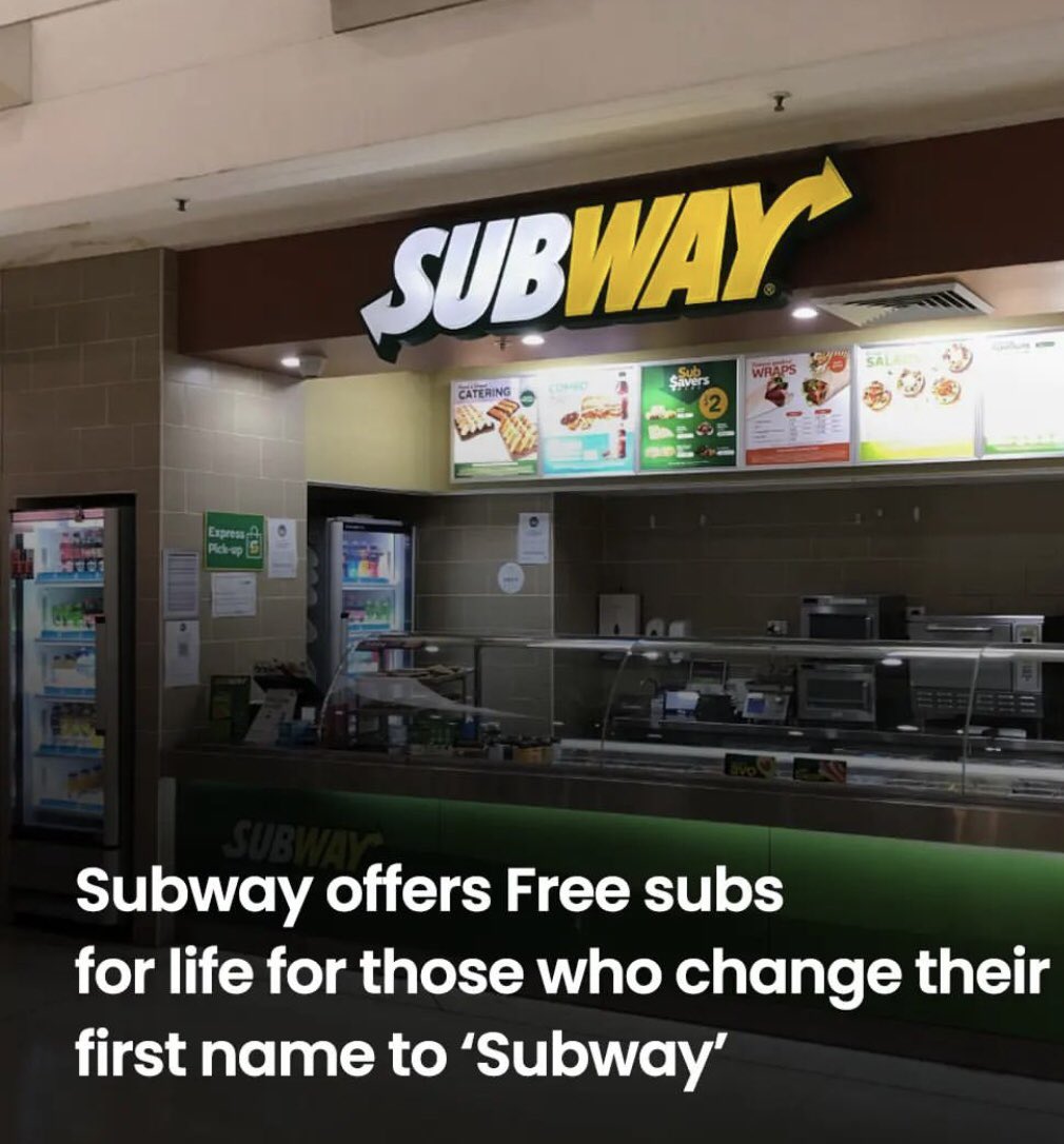 HarshedsBlogs's tweet photo. Hardcore #Subway enthusiasts entering the contest will need to commit to legally changing their first name to "Subway."It will choose a winner and pay their legal fees to assume "a new iconic identity." This is the latest promotion in the company's effort to transform the brand. https://t.co/qgMk8LMEzv