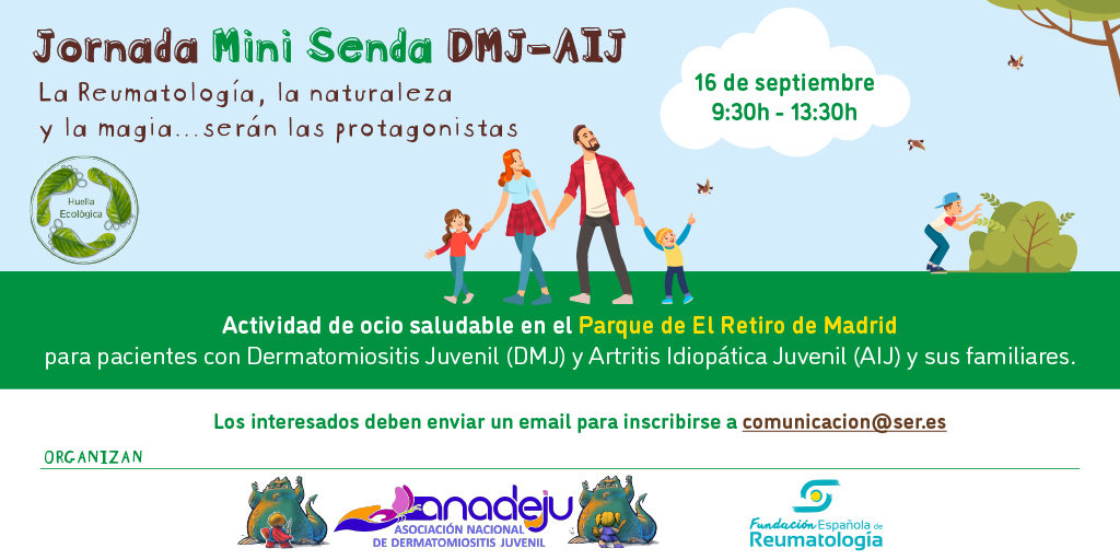 anadejudmj's tweet image. @SEReumatologia y @anadejudmj  han organizado la Jornada Mini Senda DMJ-AIJ, el 16 de septiembre, en el parque de El Retiro de Madrid, una actividad de ocio en la naturaleza, dirigida a pacientes con DMJ y AIJ. 
Ruta botánica, charla con reumatólogo y mucha magia. 
Os esperamos!
