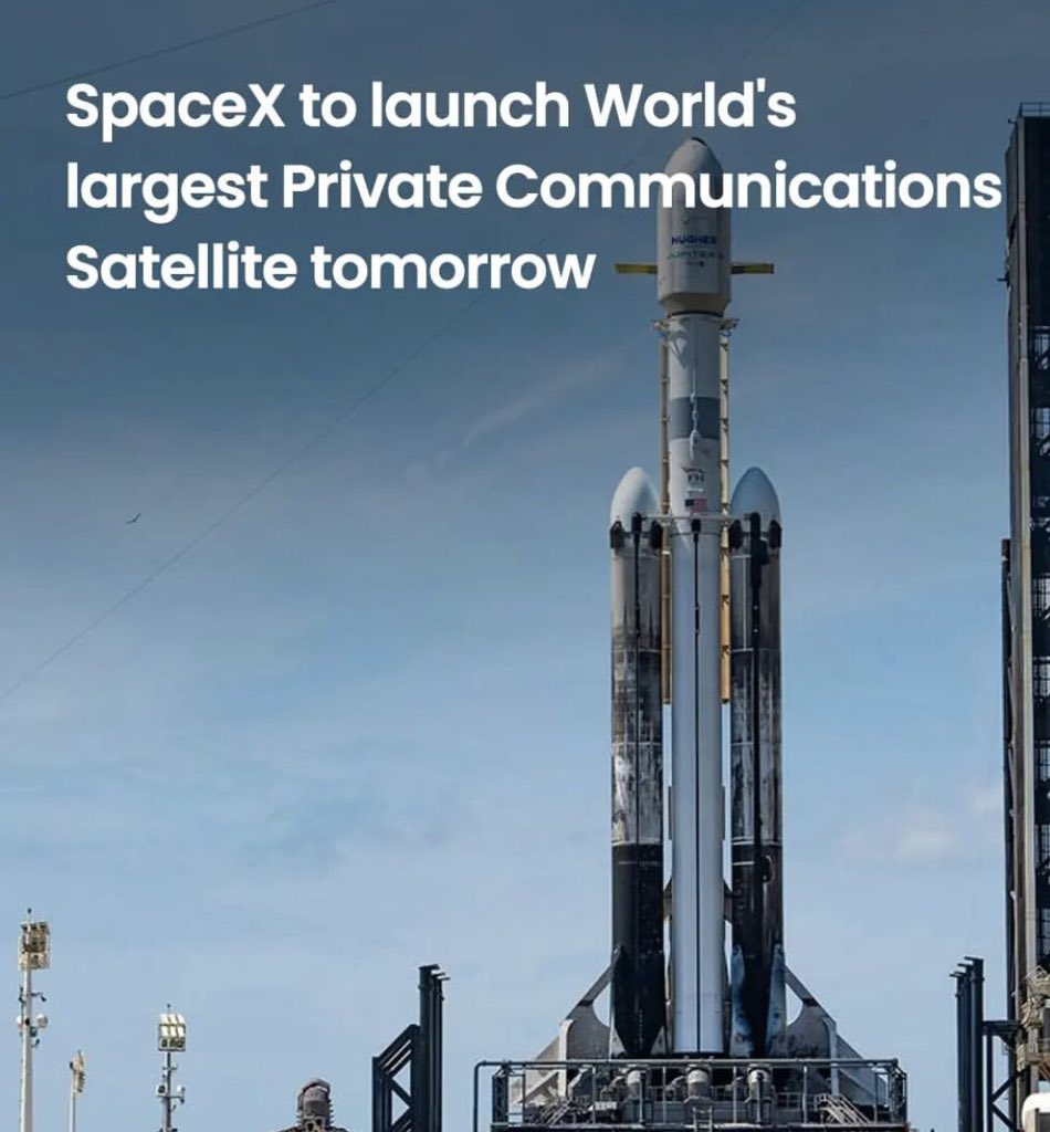 HarshedsBlogs's tweet photo. #SpaceX will launch Jupiter 3, The satellite is incorporated with cutting-edge technologies, like miniaturised electronics and efficient antennasRiding on the Falcon Heavy rocket, it'll join HughesJupiter satellite network, doubling its capacity to 500 Gbps. https://t.co/g73mNcVcfb
