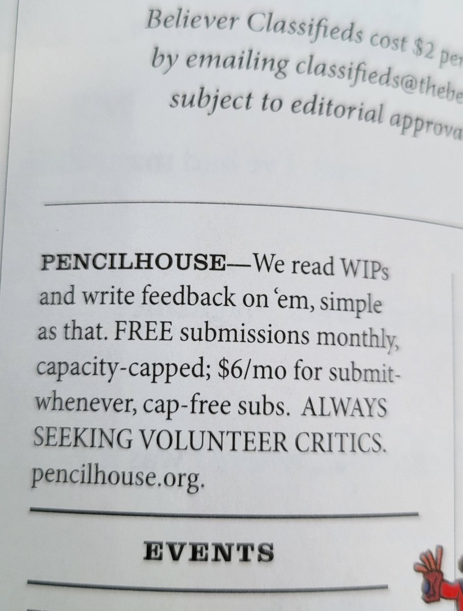 Baby's first paid ad! Find us in the new  July/Aug issue of <a href="/believermag/">The Believer</a>! FREE public feedback subs open August 3, capped  at ~40 submissions.  &amp; yes, we're always looking for volunteer critics! 

#WritingCommunity