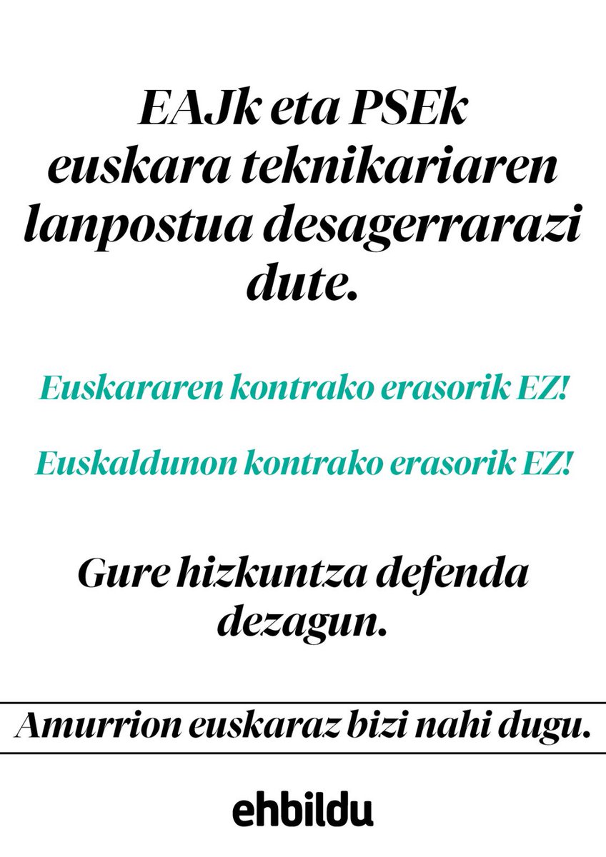 EHBilduAmurrio's tweet photo. 🔴 ENEGARREN ERASOA EUSKARARI 🔴

EAJk eta PSEk euskara teknikariaren lanpostua desagerrarazi dute. 

Euskararen kontrako erasorik EZ! Gure hizkuntza defenda dezagun. https://t.co/oNQ3kDcttg