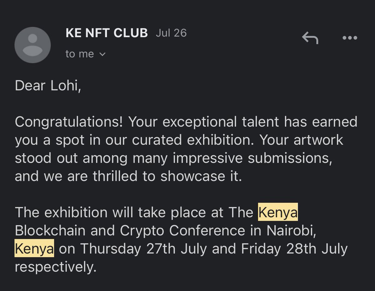 Looooohiiiii's tweet photo. Omg guys… My art got selected for the Kenya Blockchain and Crypto Conference Exhibition! 🥹✨

I totally missed this mail, check your mail guys 🤓 https://t.co/0VsWEK8yrT