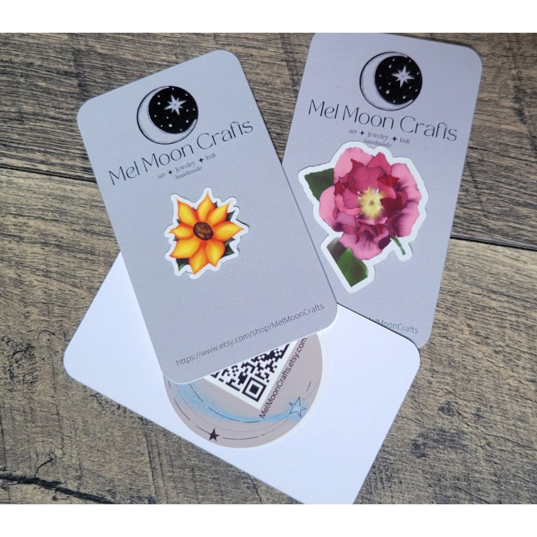 MelMoonCrafts's tweet photo. I found a creative way to use old cards I had laying around from an old idea, to make a pretty nifty sticker sample card!  An actual usable sticker on the front and a QR code to my store on the back!  Think I may just hand these out now instead of my actual business cards 😂 https://t.co/59VJsWt1Gy