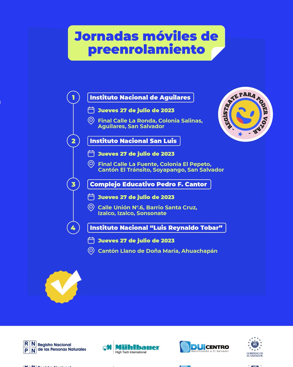 rnpn_sv's tweet photo. ¡Últimos días para tramitar tu DUI de manera anticipada!
Si cumples años entre el 7 de agosto de 2023 y el 2 de marzo de 2024 tramita primer DUI.
📲https://t.co/5dItX69C1b
#PrimerDUI #Identifícate https://t.co/hObH7eksT2