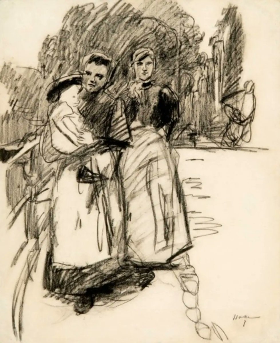 Tekening van Isaäc Israëls rond 1895. Twee Urker dienstmeisjes in Amsterdam. Het jongetje zou een Joods jongetje zijn, te zien aan het hoofddeksel. Kan iemand daar meer over vertellen?