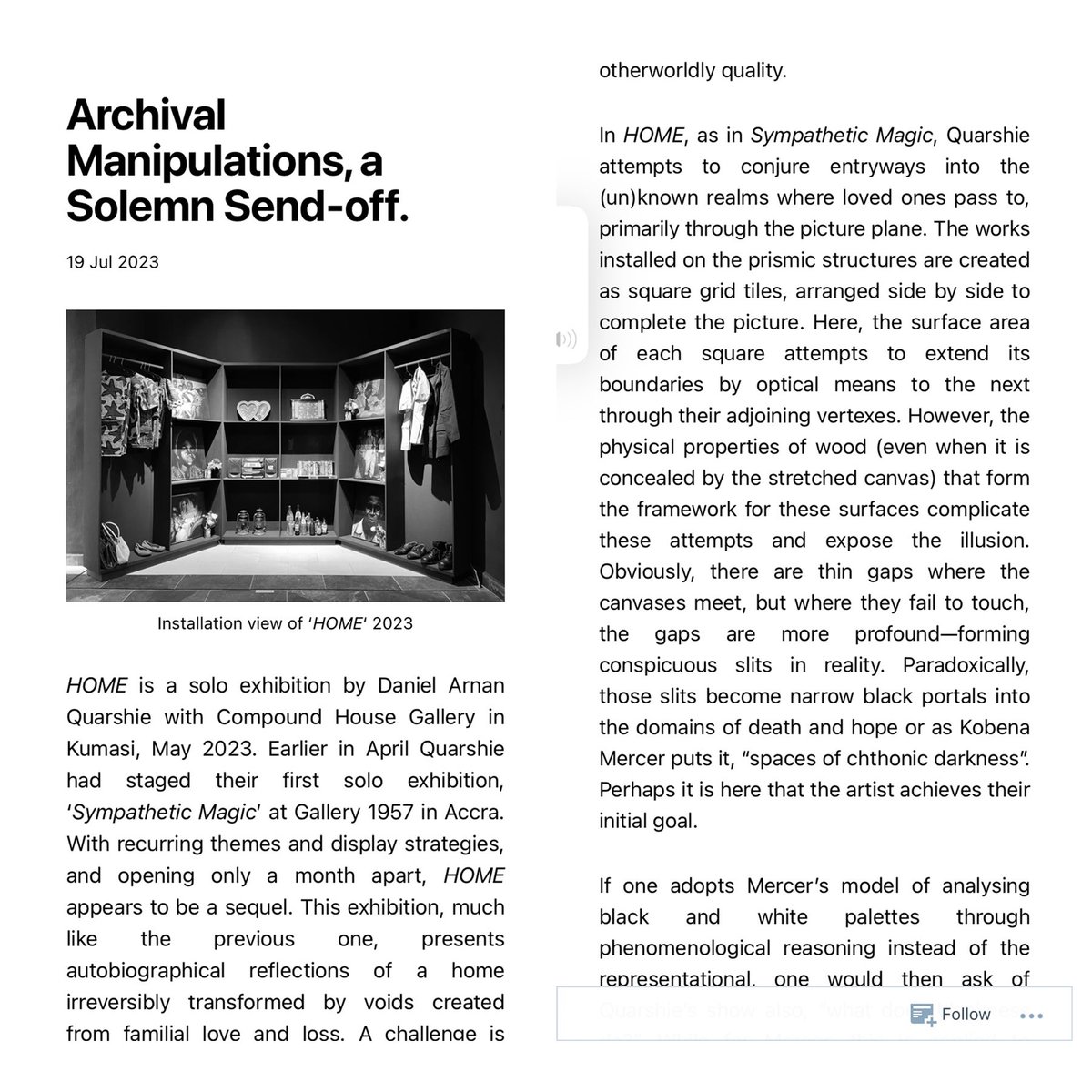 1compoundhouse's tweet photo. “Archival Manipulations, a Solemn Send-off. “ is a critical essay that reviews and reveals a fresh perspective into Daniel Quarshie’s solo exhibition “HOME”

This essay was written by -Abbey IT-A
Supplemented with thoughts from Godelive Kasangati Kabena and Edward Prah
@itaabbey_ https://t.co/W8COwkzsv4