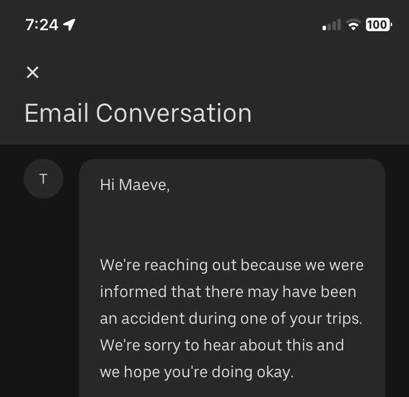 maevesmyth's tweet photo. My Uber was in a literal crash and according to them this doesn’t require a refund ? Are you joking? @Uber @Uber_Support https://t.co/ziZLbwyIw4