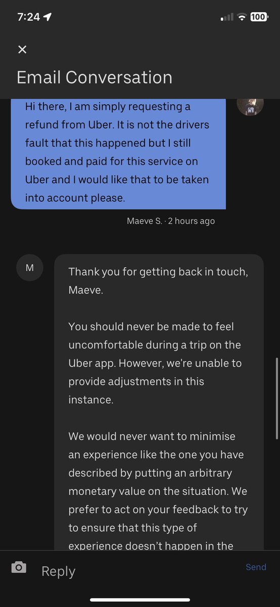 maevesmyth's tweet photo. My Uber was in a literal crash and according to them this doesn’t require a refund ? Are you joking? @Uber @Uber_Support https://t.co/ziZLbwyIw4
