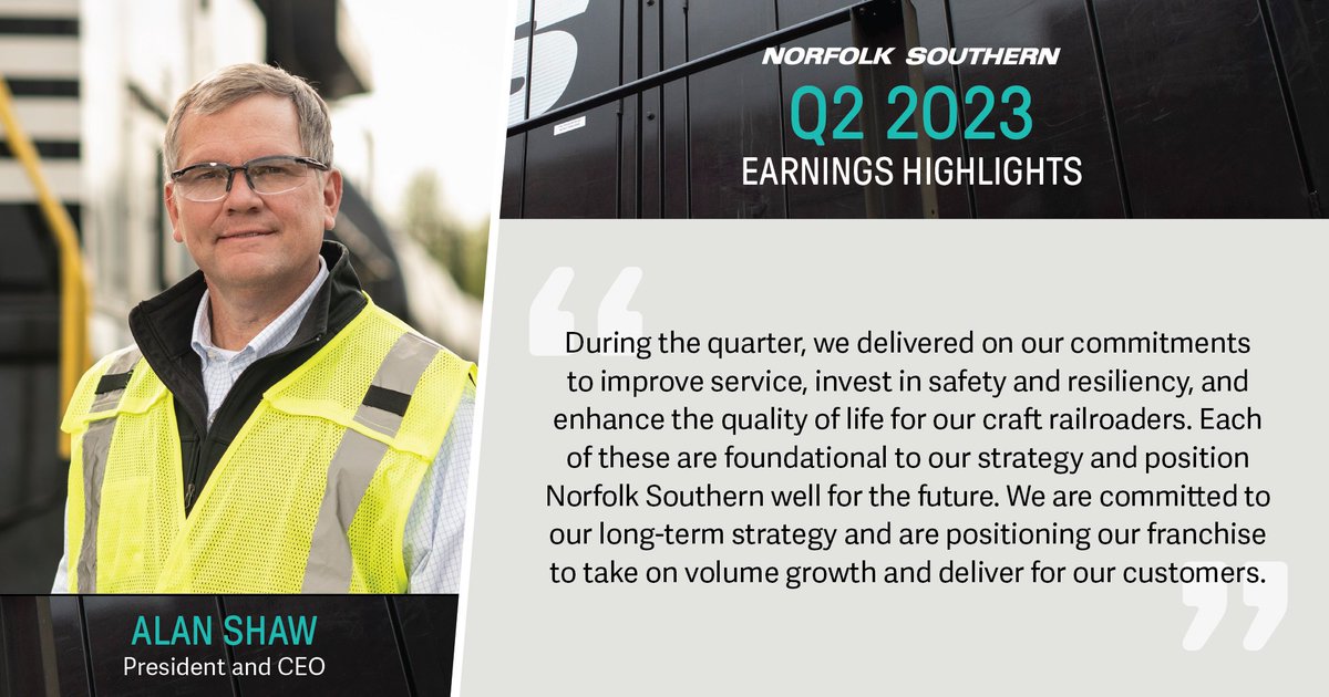nscorp's tweet photo. In Q2, we delivered on our commitments to recover service quickly, make a safe railroad even safer, enhance quality of life for our front-line railroaders, & continue to keep our promises to the people of East Palestine & surrounding communities.

Q2 2023 Earnings Report: https://t.co/i5tQb7uHXS