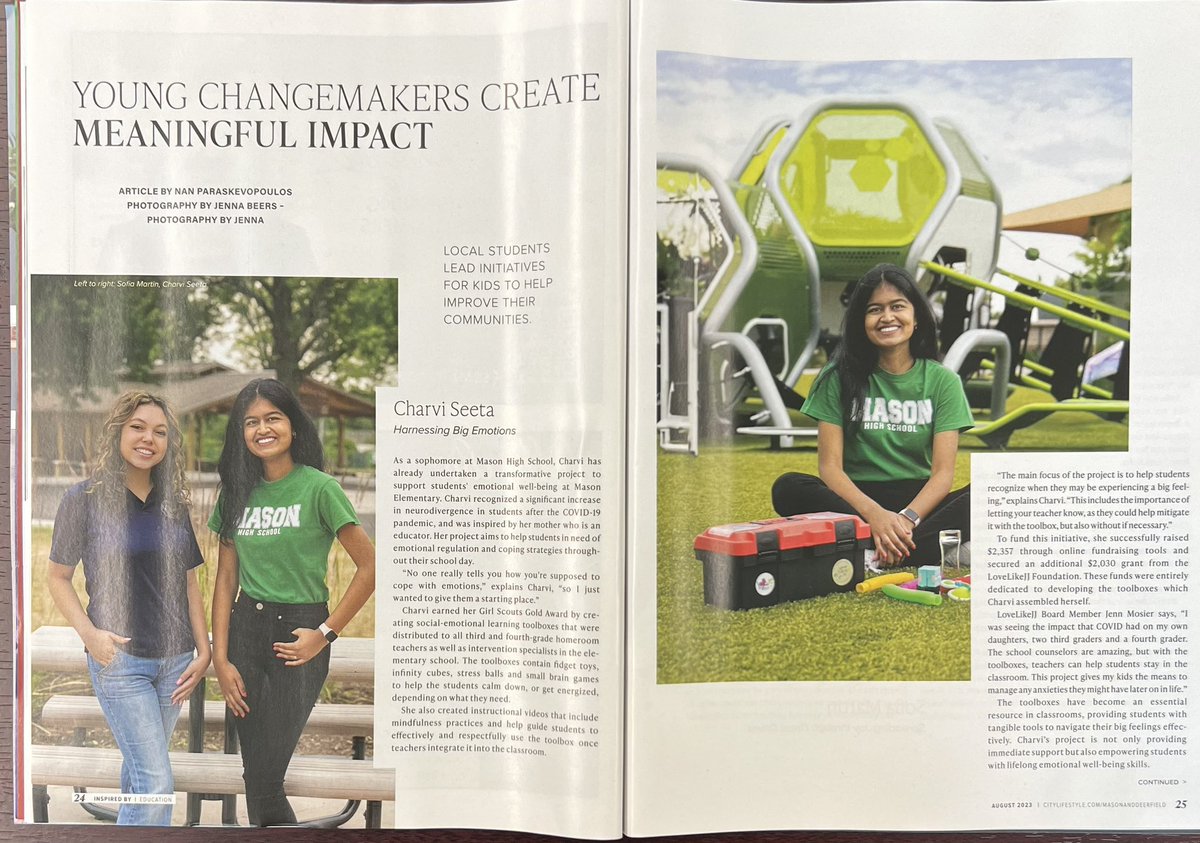 bobby__dodd's tweet photo. Never gets old seeing @MasonHSComets students featured in Mason &amp; Deerfield Lifestyle magazine. Thanks to @LOVElikeJJ and others who helped Charvi make social-emotional learning toolboxes for @MasonSchools elementary teachers. #MasonMoments #PeakMoments @madechamber https://t.co/SQ27OnkHA8