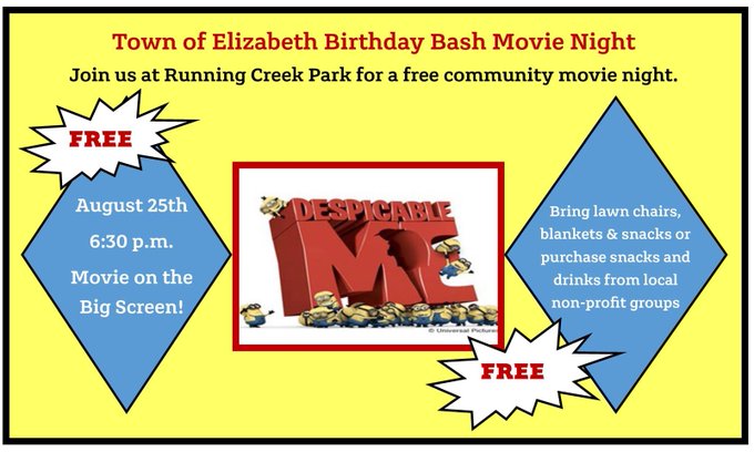 We are getting ready for the Town's Birthday party.  Are you?  Please mark your calendars for the Elizabeth Birthday Bash Movie Night.  This is a family friendly event, and we hope to see you there!  #MyElizabeth #CommunityThroughCommunication