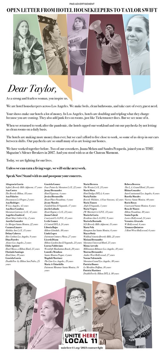 unitehere11's tweet photo. Housekeepers across Los Angeles published an open letter to Taylor Swift in the @latimes that can be seen here: https://t.co/aa8bpjcTmA