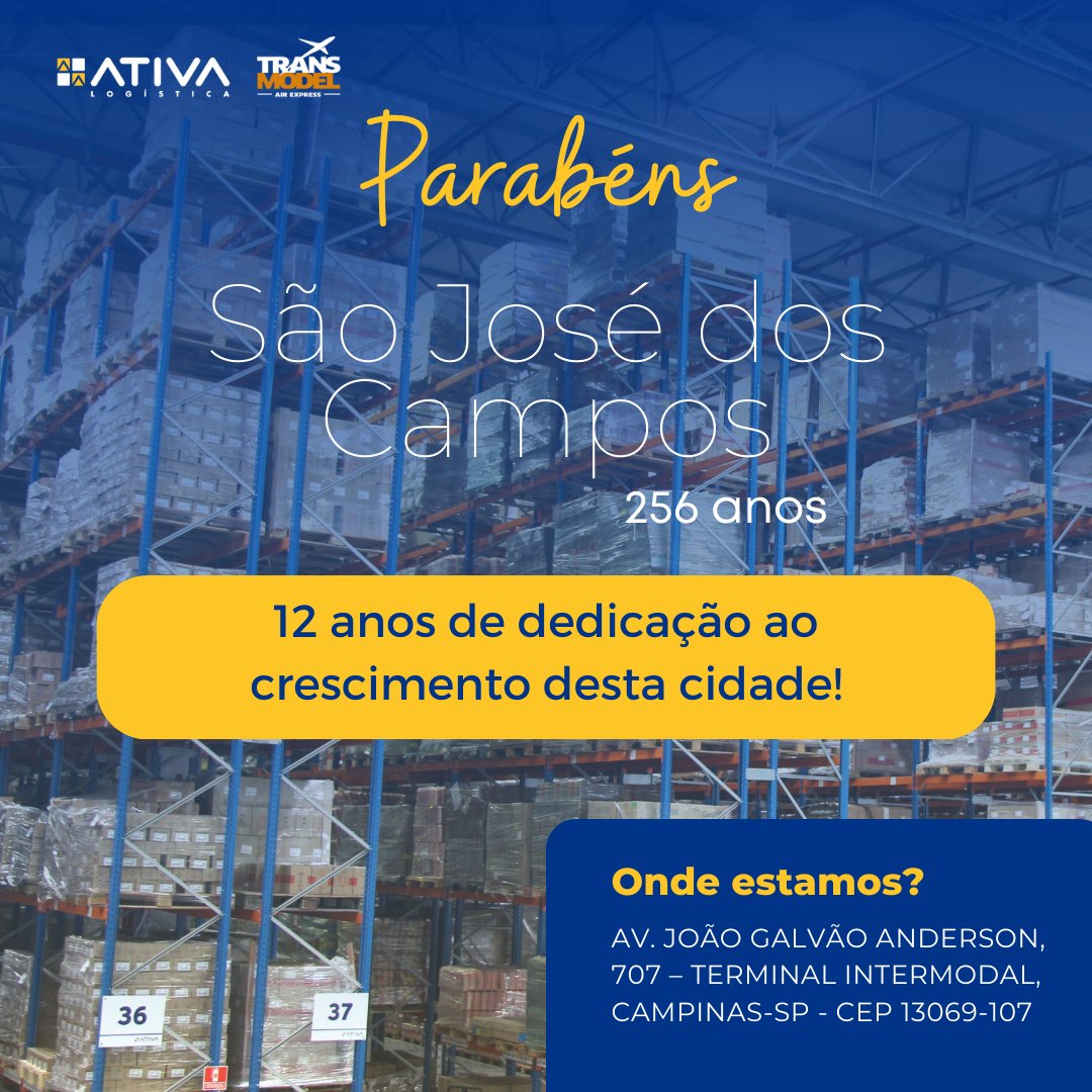 Trans_modelair's tweet photo. Há 12 anos, a Ativa Logística inaugurou sua filial em São José dos Campos, e hoje, em meio às festividades do aniversário da cidade, temos a satisfação de celebrar nossa parceria no crescimento e aprimoramento desta região.

#ativalogistica #transmodel #sãojosédoscampos https://t.co/2VFCf8wXbY