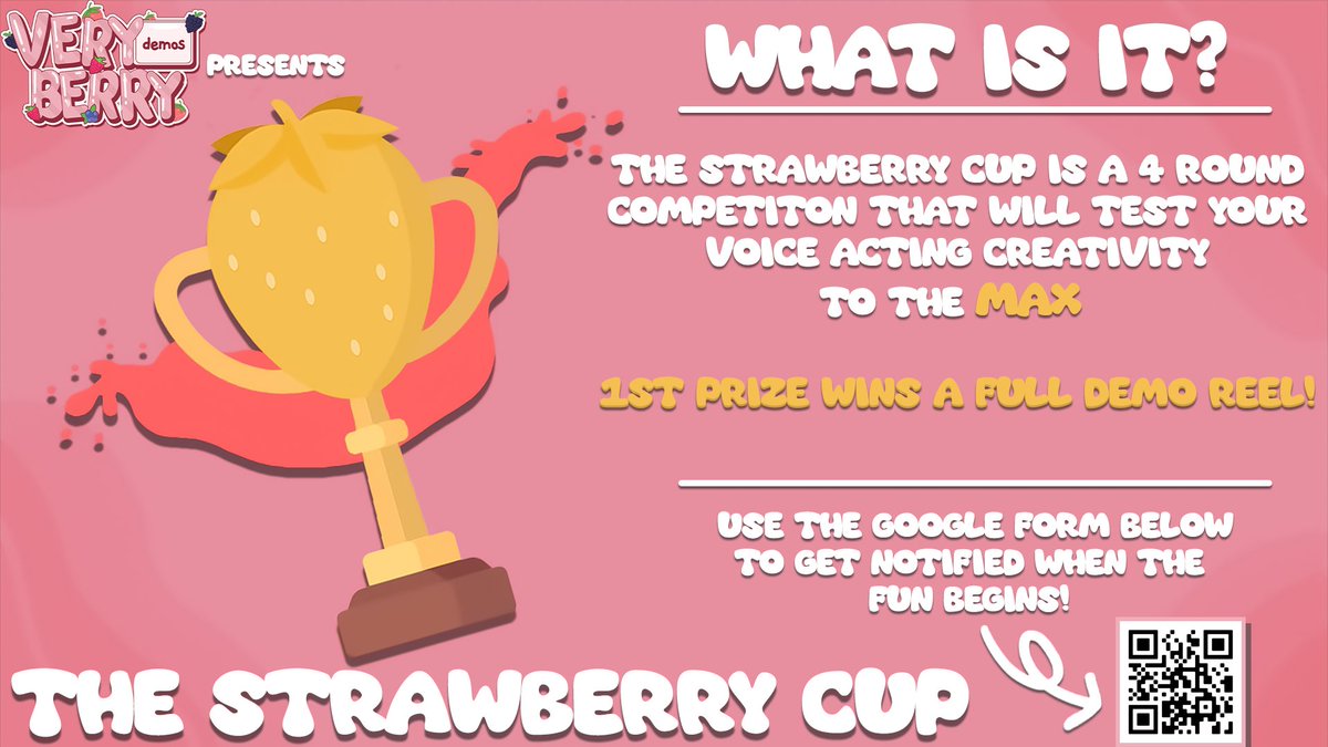 We at Very Berry Studios are hosting a voice acting competition, and YOU are invited to compete!

It is completely free to join, with prizes included! Learn more by joining our Discord: discord.gg/vaguild

Sign up here: forms.gle/bYBg47GXTsrFpt…
#TSCVBS #voiceactor #demoreel
