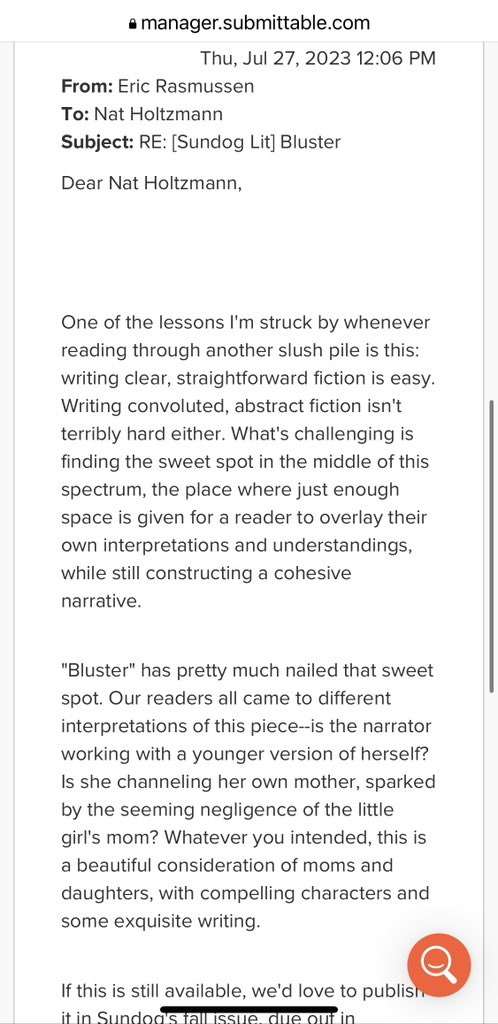 Today I turn 30. As it happens, a story of mine was accepted <a href="/SundogLit/">Sundog Lit</a> today, too. 

<a href="/Mreras/">Eric Rasmussen</a> and the fiction team, you’ve given me the best gift :) Thank you.