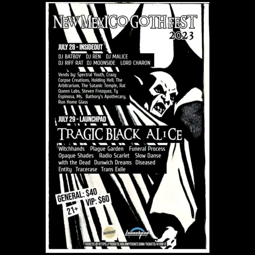 We are we gonna see this weekend at Goth Fest in Albuquerque?!
There are still a few tickets and it's not to be missed!
tickets.holdmyticket.com/tickets/410912…

#gothrock #deathrock #gothfest #gothmusic #industrialmusic
