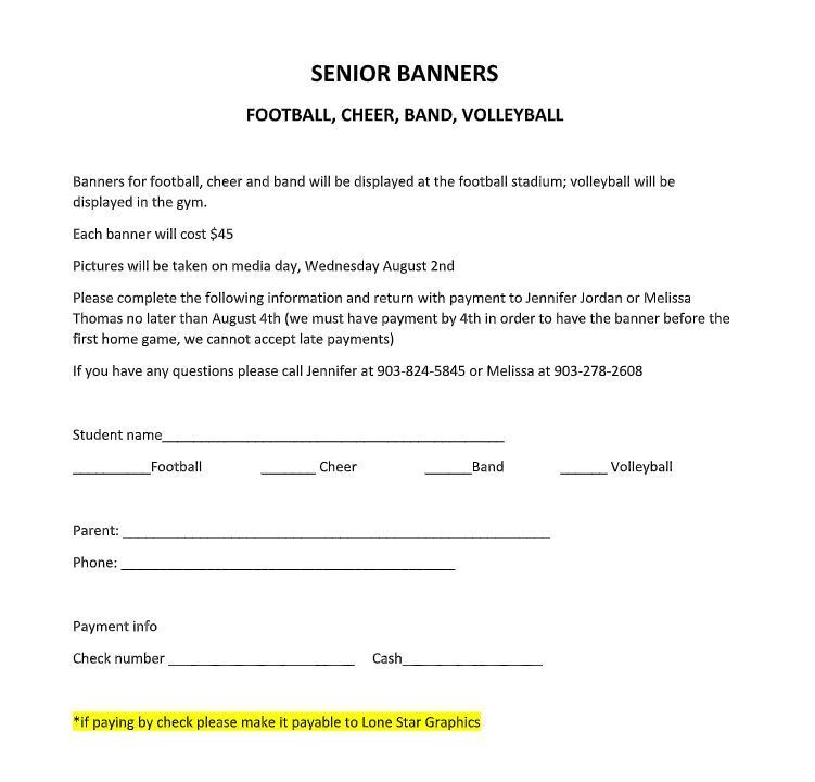 Senior Football, Cheer, Band &amp; Volleyball Parents/Guardians: Please see the attached flyer to purchase a banner for your student for the upcoming year. #MaudTXISD