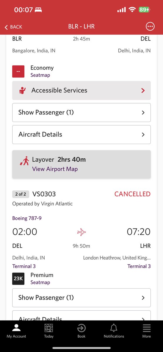 ChristopherDud's tweet photo. @VirginAtlantic - earlier the web site showed my flight cancelled from BLR and online chat confirmed this was an error, now the same is showing on the app. Other sources show it’s still scheduled and planned. Please help me remove my travel anxiety. https://t.co/dyDPynZ336