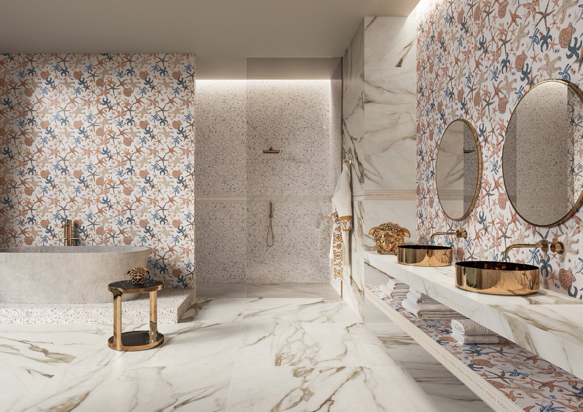 From small-format patterns that resemble a mermaid’s tail and glamorous ceramic wallpaper renditions of #MarineLife, check out some “Mermaidcore” designs trending in #ItalianTiles. #CeramicsOfItaly