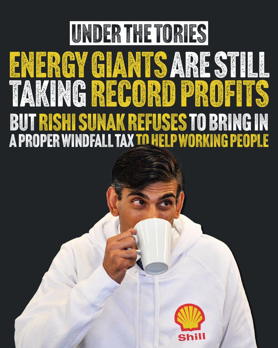 RichardBurgon's tweet photo. If we had a proper Windfall Tax on oil &amp; gas companies, we could raise billions to fight climate change and tackle the cost of living crisis.

But the priority for the Tories is to keep the profits flowing to the oil &amp; gas giants. And they don't care that you're paying the price. https://t.co/CnBZq5S8BB