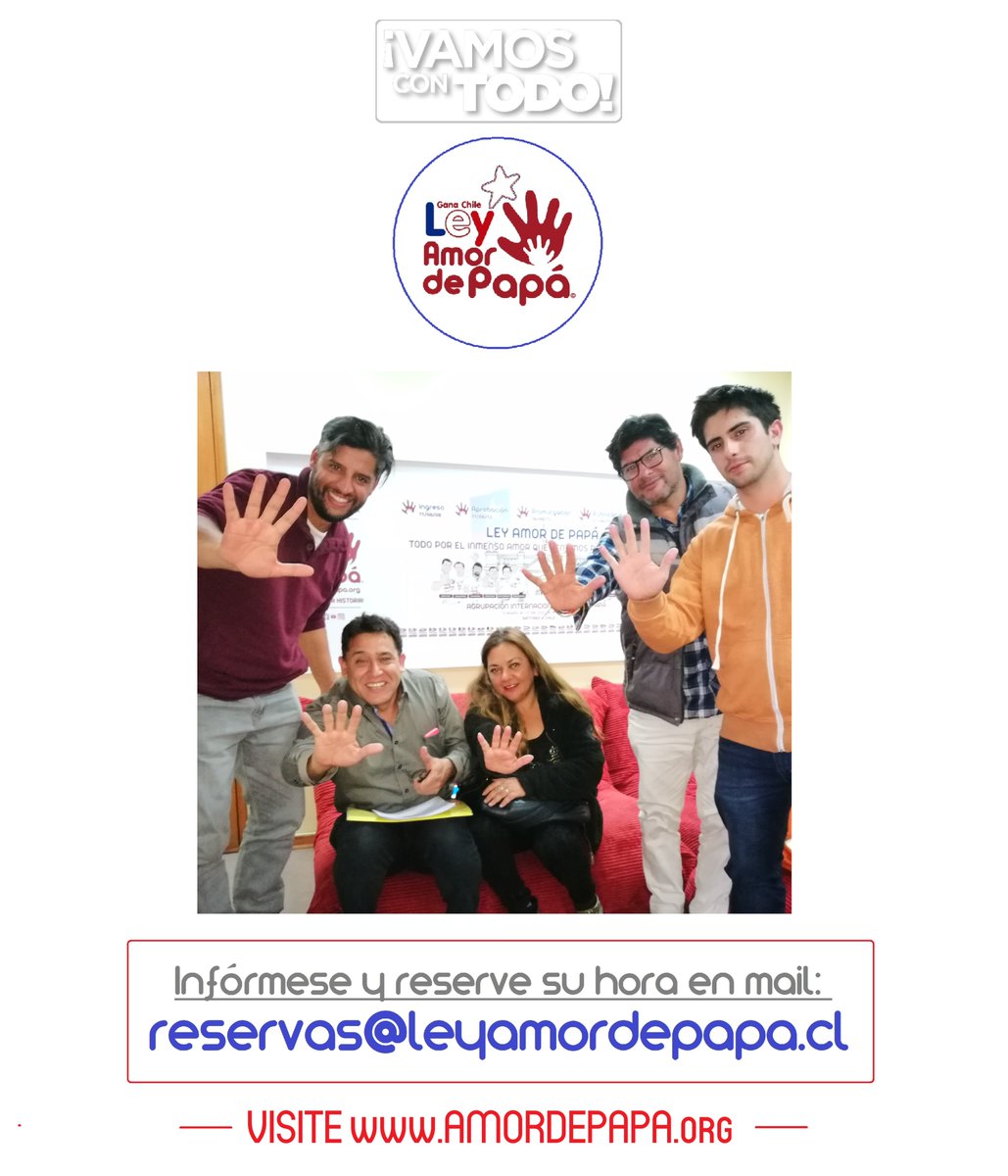 AmordePapa's tweet photo. TODOS ELLOS FELICES y EMPODERADOS TRAS HABERSE CAPACITADO EN NUESTRA #LEYAMORDEPAPÁ

Ahora lo esperamos a Ud, escríbanos al mail: reservas@leyamordepapa.cl

¡VAMOS CON TODO!

¿HASTA CUÁNDO ESPERARÁ PARA DEFENDER LOS DERECHOS DE  SUS HIJOS E HIJAS?

Visite: https://t.co/JvIp16yrbP https://t.co/K5hSZdPeDw