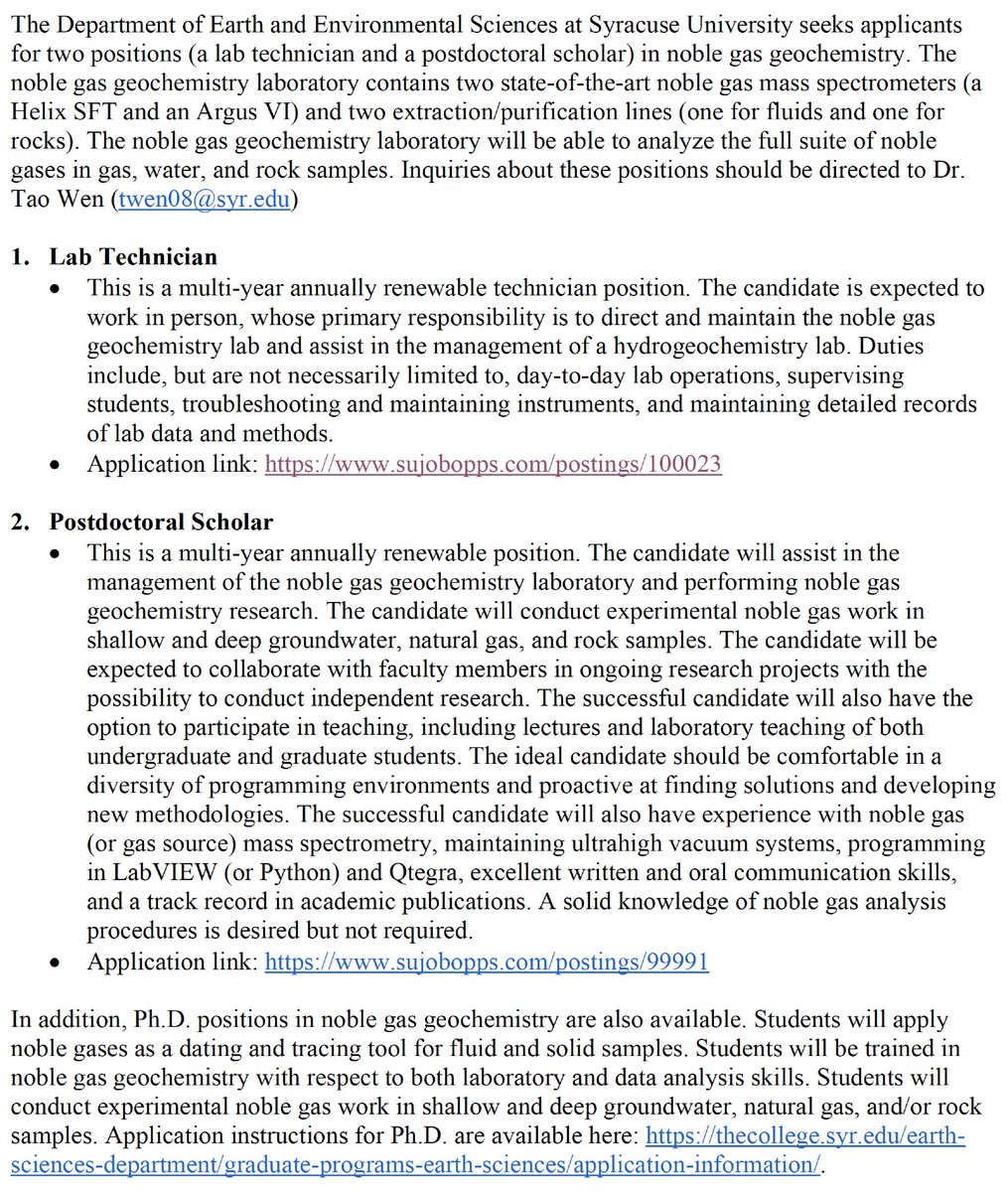 I have two positions (lab technician and postdoctoral scholar) in noble gas geochemistry open. Students who are interested in noble gas geochemistry are also encouraged to reach out to me if you are into Ph.D. in noble gases. Please help spread the word. Thank you very much.