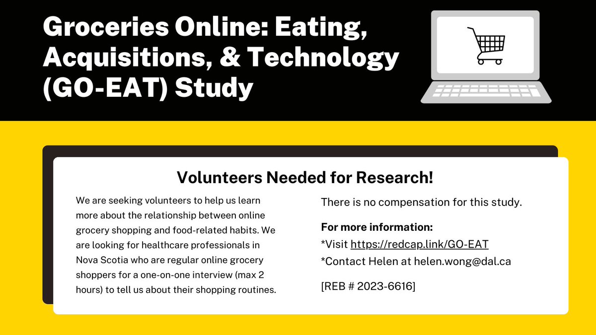 📢#callforparticipants📢 Hi Healthcare Professionals, Are you currently living in #NovaScotia and a regular online grocery shopper? If so, consider taking part in my PhD research. For more info on the GO-EAT study, please visit: redcap.link/GO-EAT Please RT & share! 🛒💻