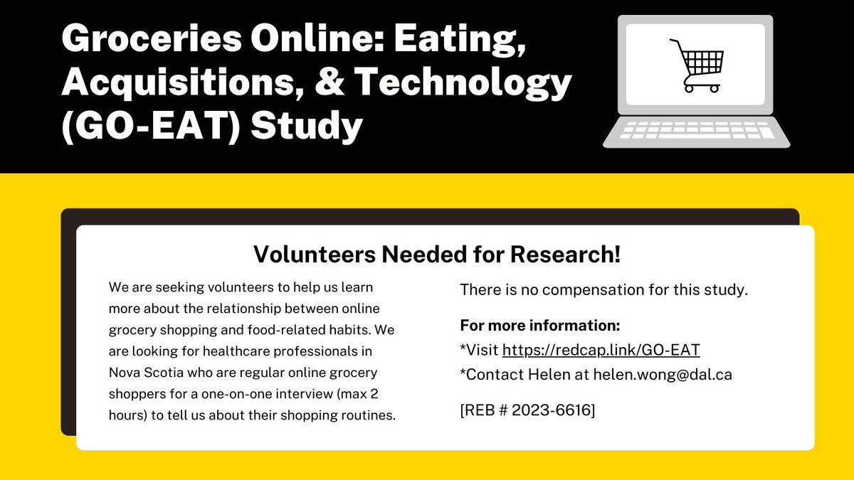HelenWongRD's tweet photo. 📢#callforparticipants📢

Hi Healthcare Professionals,

Are you currently living in #NovaScotia and a regular online grocery shopper? If so, consider taking part in my PhD research.

For more info on the GO-EAT study, please visit: https://t.co/jFpsTlmIPE

Please RT &amp; share! 🛒💻 https://t.co/ohknDAWyq1