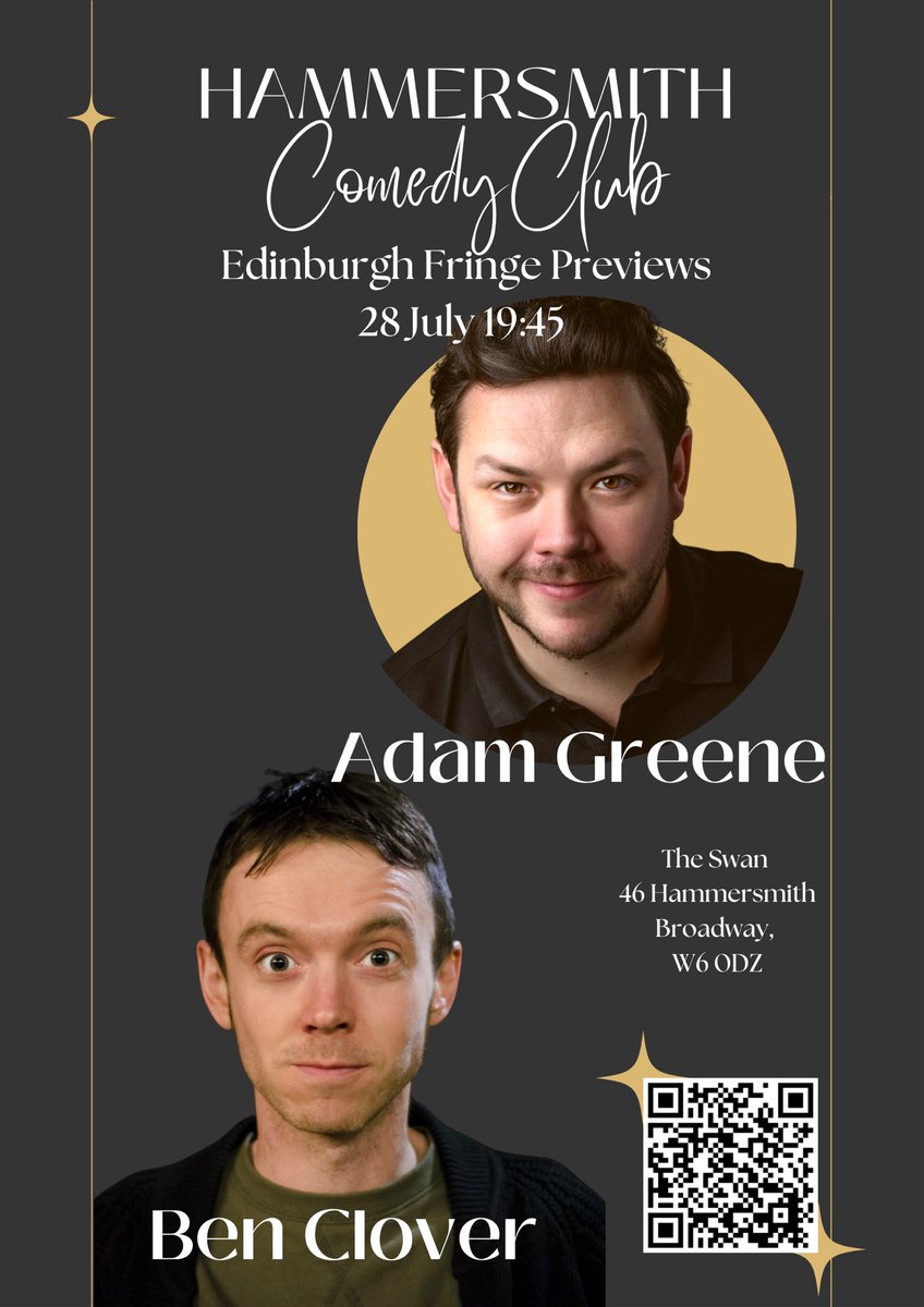 Our #edfringe preview spectacular @SwanHammersmith is on tomorrow night! Get your tickets whilst you can, we got @BenClover_ we got @ImAdamGreene and we got guest MC Hugh Peacocke to hold the whole thing together! Tickets are going fast and are here: eventbrite.co.uk/e/hammersmith-…