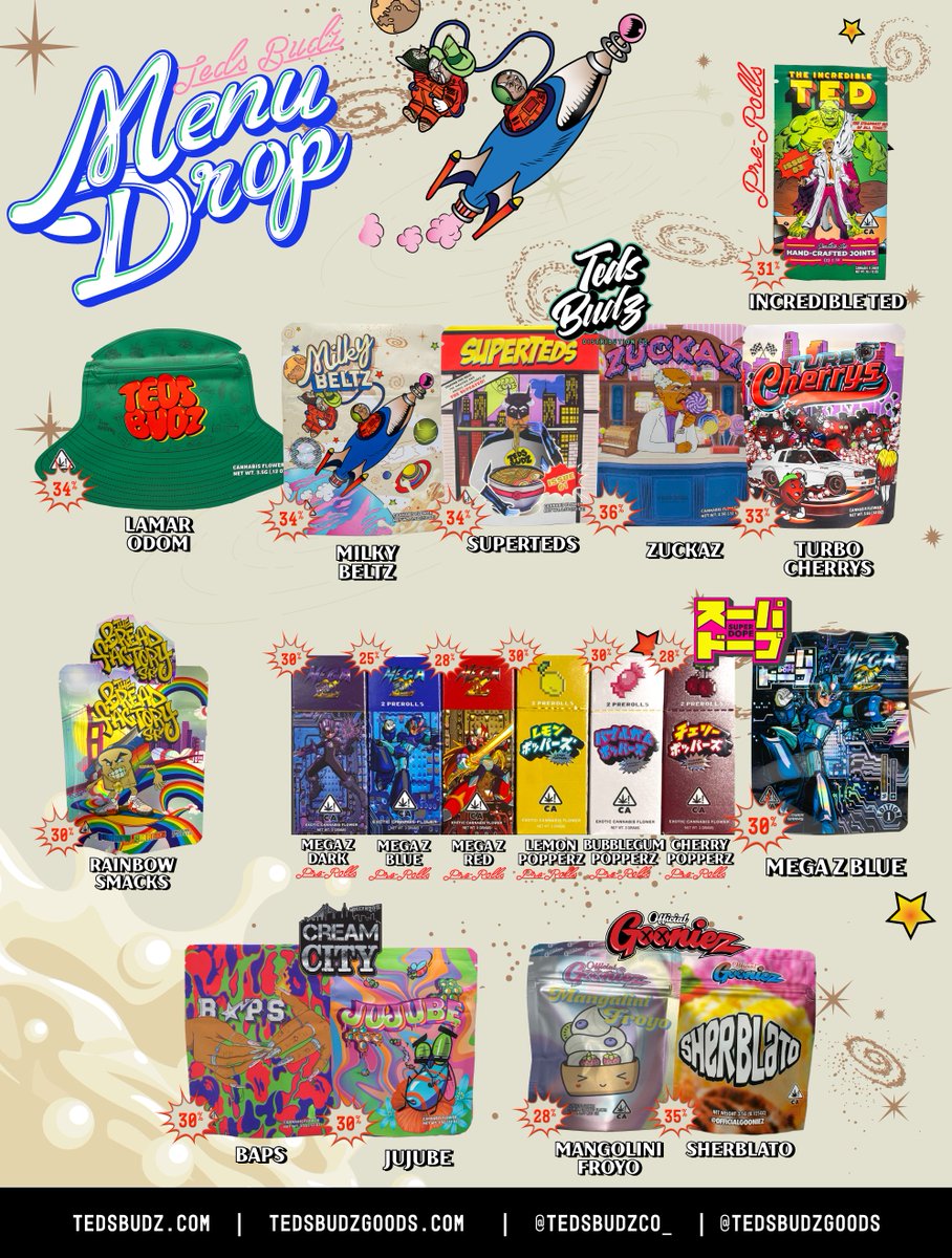 Tedsbudzco_'s tweet photo. Menu Drop 🔥‼️
#tedsbudz #gooniez #superdope #breadfactory #creamcity https://t.co/Ck0XSCOvTm