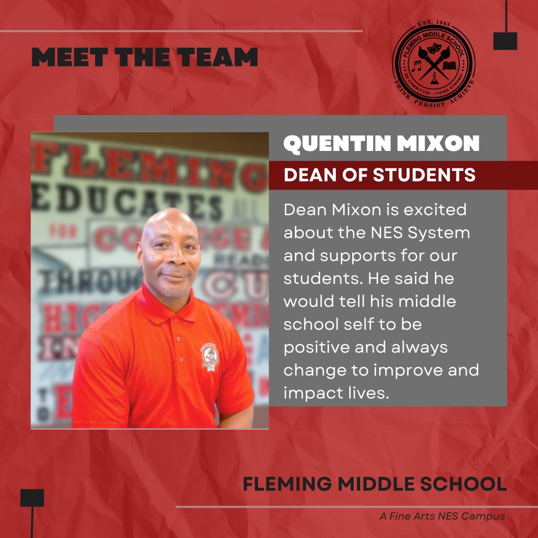 MrDevinAdams's tweet photo. Introducing the 2023-2024 Fleming Middle School Leadership Team! Deans Tamara Allen and Quentin Mixon will be returning and we are welcoming two new Vikings!! I am so excited that Charlotte Davis and Sarah Heim have joined the team for what will be an AMAZING school year. https://t.co/t2KtEW7zmf