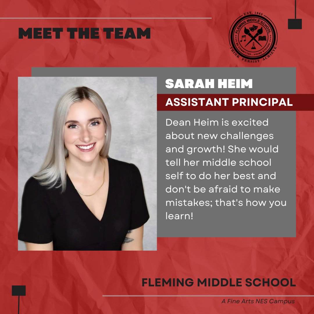 MrDevinAdams's tweet photo. Introducing the 2023-2024 Fleming Middle School Leadership Team! Deans Tamara Allen and Quentin Mixon will be returning and we are welcoming two new Vikings!! I am so excited that Charlotte Davis and Sarah Heim have joined the team for what will be an AMAZING school year. https://t.co/t2KtEW7zmf