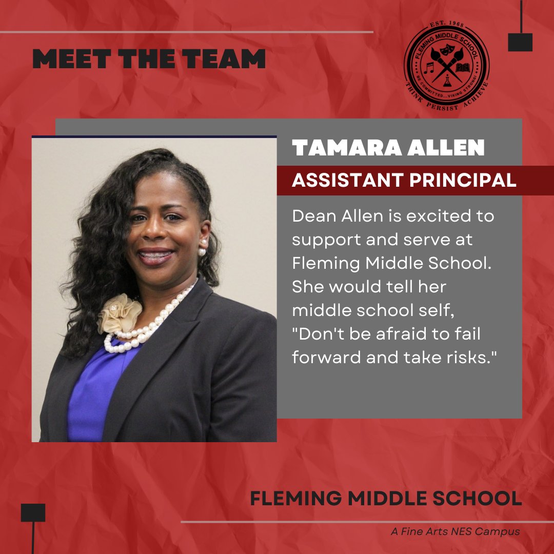MrDevinAdams's tweet photo. Introducing the 2023-2024 Fleming Middle School Leadership Team! Deans Tamara Allen and Quentin Mixon will be returning and we are welcoming two new Vikings!! I am so excited that Charlotte Davis and Sarah Heim have joined the team for what will be an AMAZING school year. https://t.co/t2KtEW7zmf
