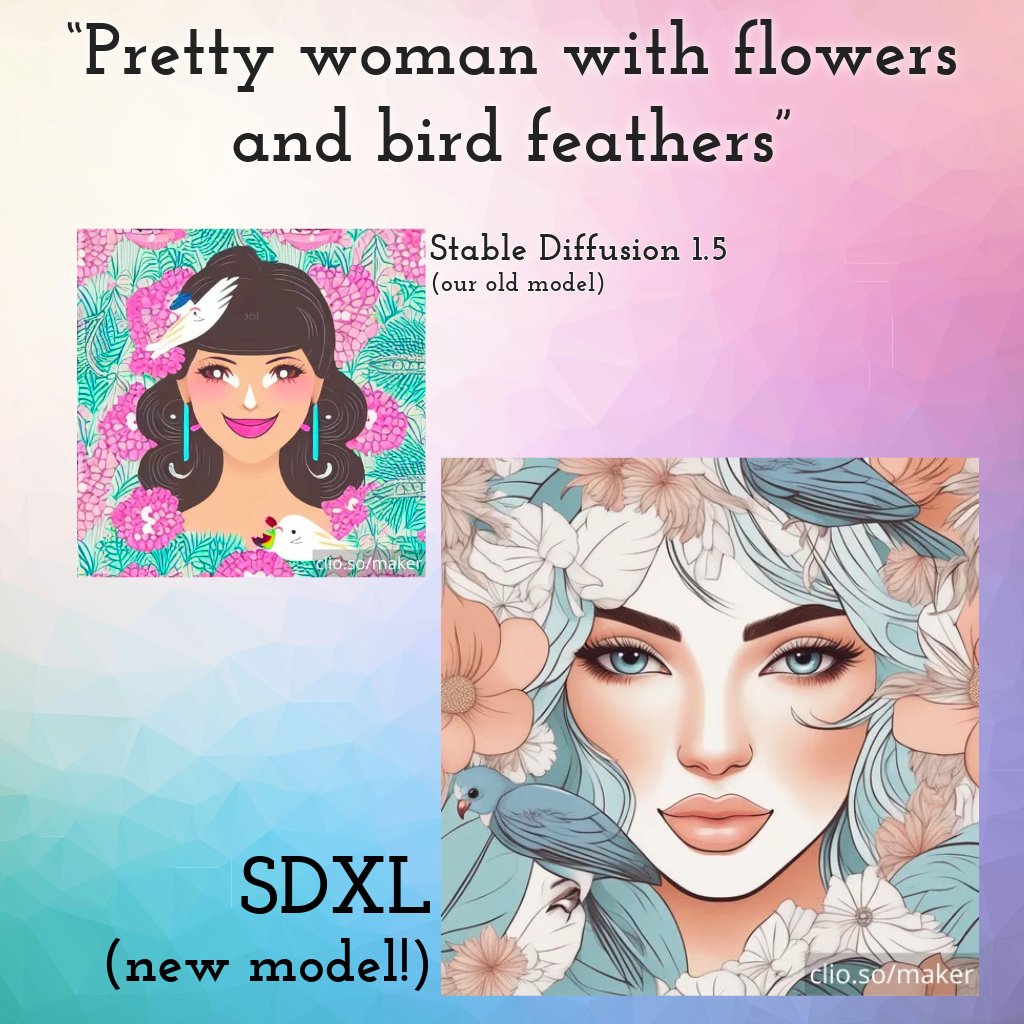 SDXL - the latest edition of #stablediffusion - was just released yesterday, and you can now try it FREE at clio.so/maker 👈

come check it out!

#SDXL #midjourney