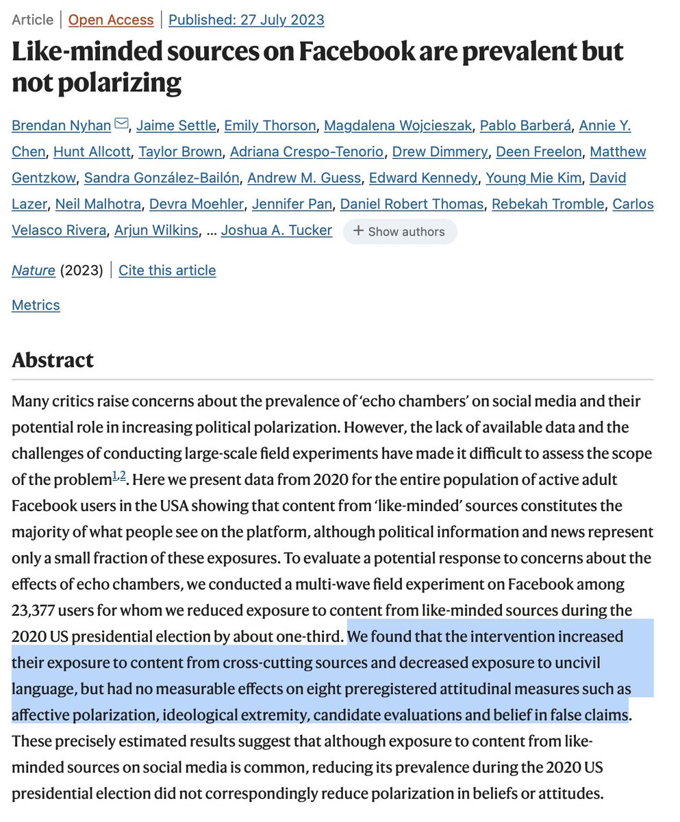 Really well-done and informative experiment on Facebook shows that:

— Information filter bubbles are extremely real
— Eliminating the filter bubble doesn't seem to change political attitudes 

nature.com/articles/s4158…