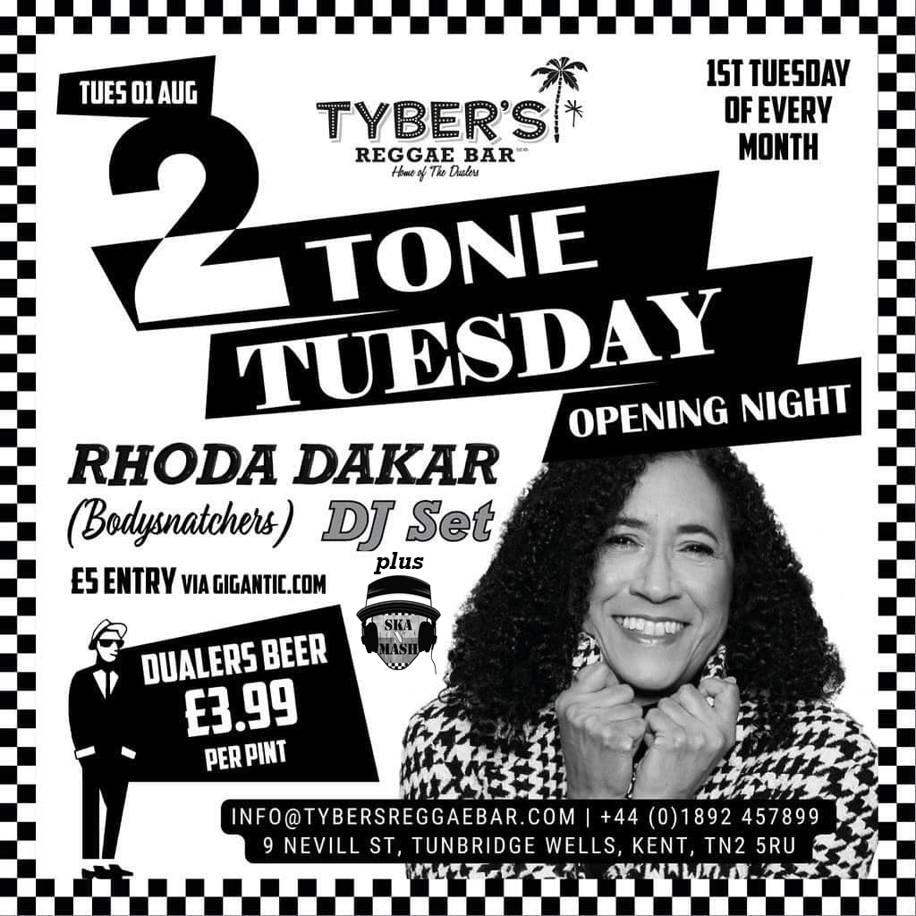 I'll be DJ support for <a href="/RhodaDakar/">Rhoda Dakar</a> singer of the Bodysnatchers, opening the 2-Tone Tuesdays at Tyber's Reggae Bar #TunbridgeWells #kent Tue 1 Aug 7.30pm
Only 100 tickets to ensure a comfortable environment, and only £5.50 (inc. booking fee)! #ska
Tickets: bit.ly/3qczSYL