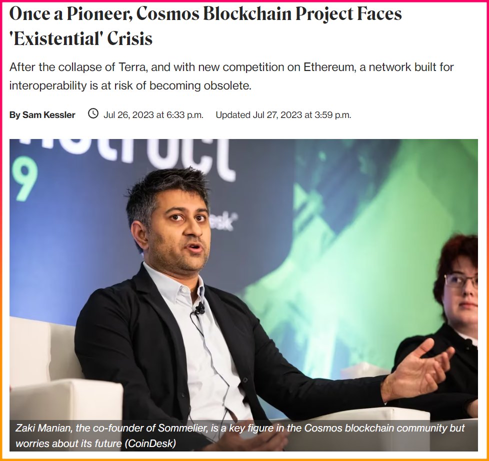 تقرير جيد من موقع Coindesk يتحدث عن أبرز المشاكل التي تهدد مشروع #Cosmos.
أهم ما ورد في التقرير:
1. انهيار مشروع #LUNA الكارثي وما تسبب فيه من نزوح سيولة الديفاي من Cosmos لشبكات أخرى.
2. ظهور حلول منافسة للتوسعة مثل Rollups.
3. إعلان SEC أن عملة المشروع #ATOM ورقة مالية.
6/1