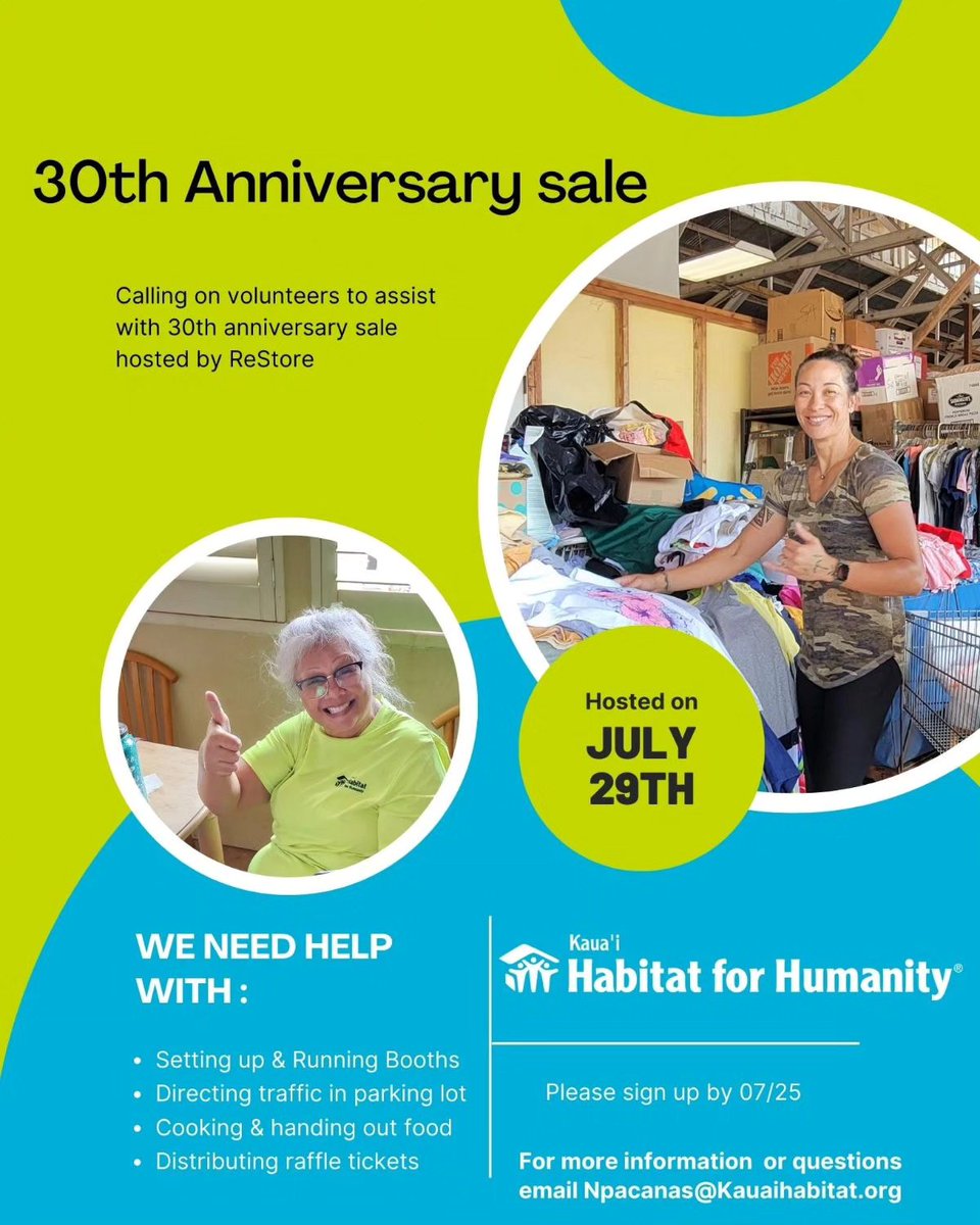 KauaiHabitat's tweet photo. We're still looking for #volunteers to help out at the ReStore 30th Anniversary Sale this Saturday, 7/29/23! If interested, please email Nicole at npacanas@kauaihabitat.org. #dogood #buildaloha #ReStore #thestorethatbuildshomes https://t.co/6czGr3NzMS