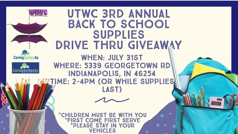 Under The Weather Charity, Inc. is giving away school supplies on July 31st at 5339 Georgetown Rd. from 2-4 pm. Kids must be present and everyone should stay in their cars. First-come, first-served.