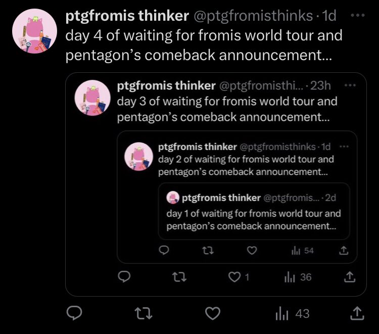 ptgfromisthinks's tweet photo. day 5 of waiting for fromis world tour and pentagon’s comeback announcement… https://t.co/LJqbsA1haN